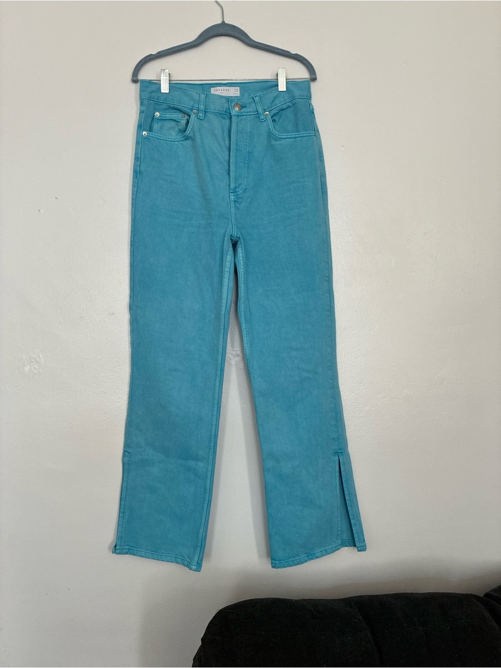 Topshop Teal High-Rise Straight Jeans with Side Slit